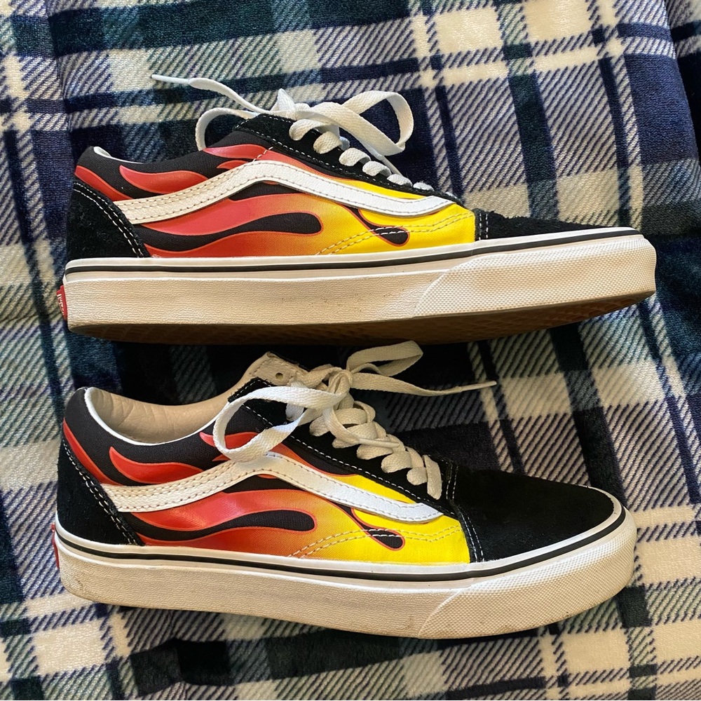 Vans Old Skool Skate Shoes Black Yellow Flame Off The Wall Mens 7 Womens 8.5